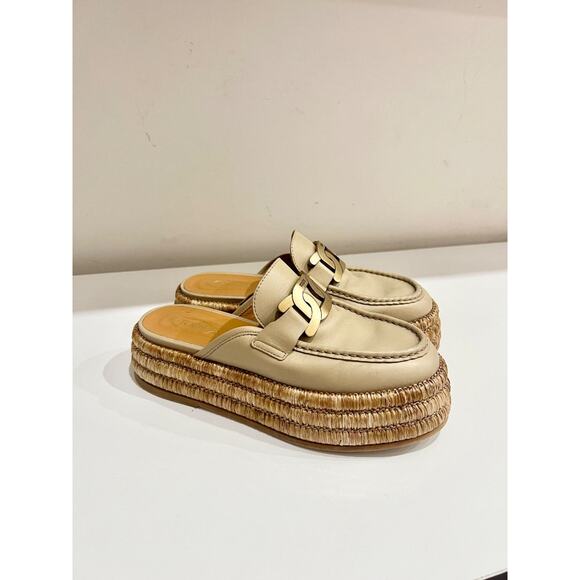Tods Kate Leather/Raffia Slip On Platform Mules Slippers Natural Women's EU 38 - Picture 6 of 9